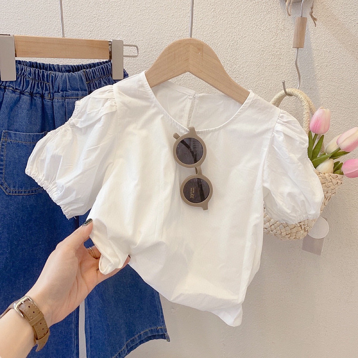 Ancorelala kinder kleidung sommer neue mädchen denim hemd mit hosenträger breite bein hosen drei stück set_voghion.com