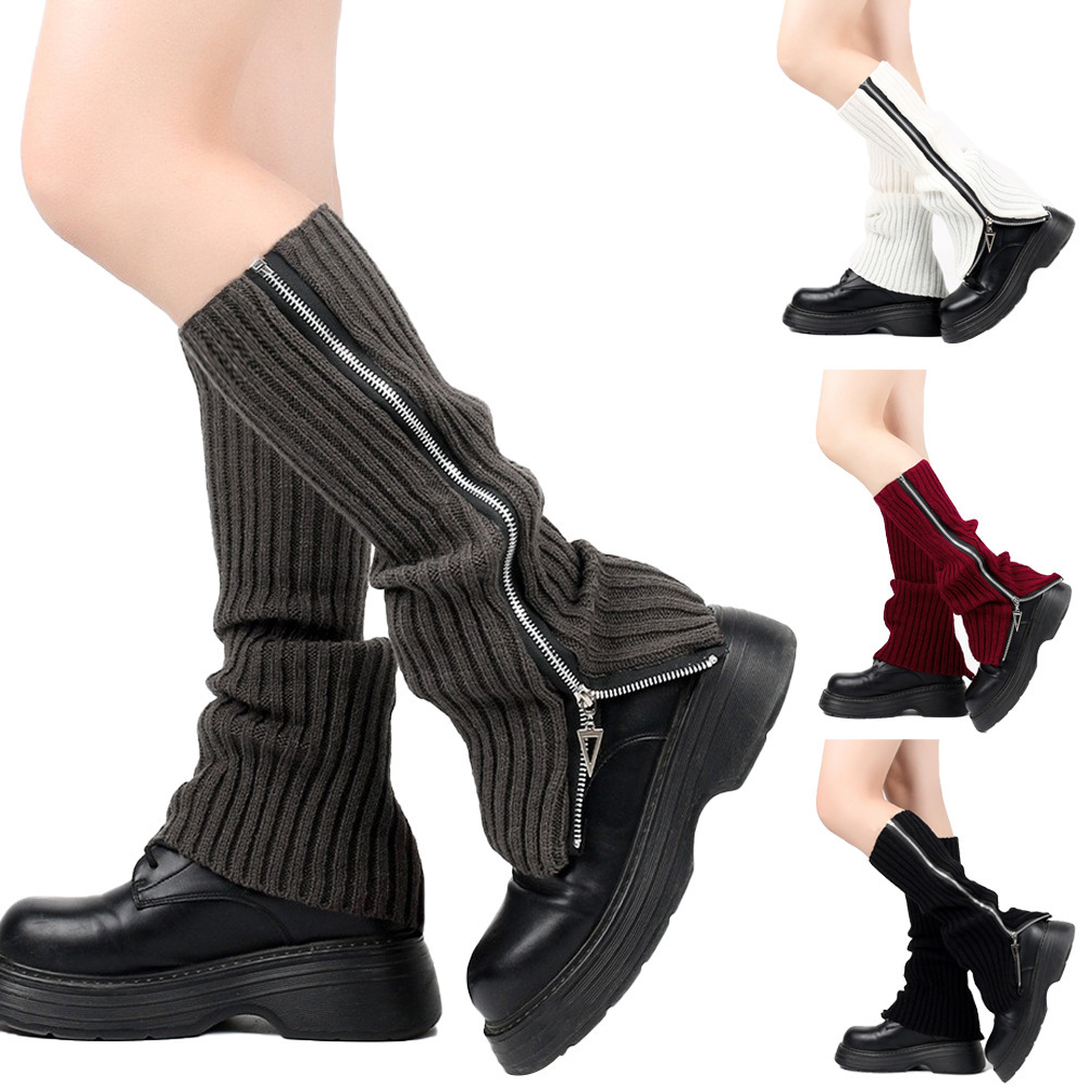 Chaussettes en laine pieds en gros Version coréenne pour femmes des chaussettes à poils d'automne et d'hiver bottes à fermeture éclair à jambe tricotée bottes chaussettes chaussettes de marée