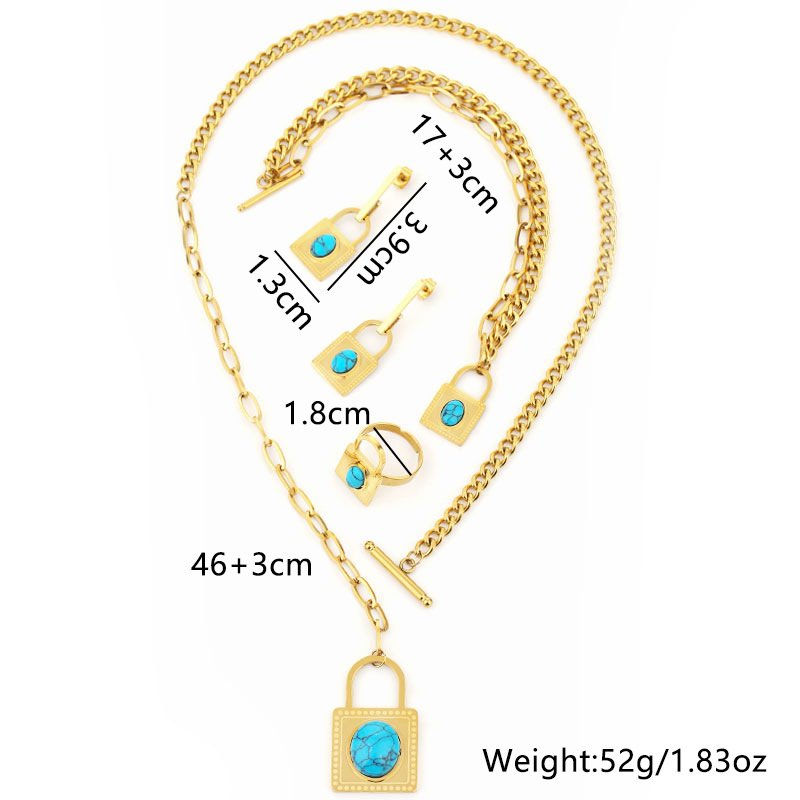 Gute, nuovo design alla moda, collana con lucchetto turchese blu, bracciale in acciaio al titanio, set di quattro gioielli resistenti alla luce_voghion.com