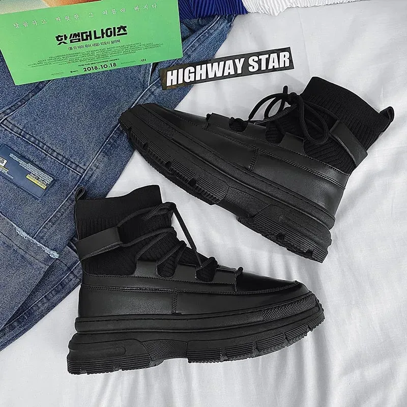 Șosete de toamnă și iarnă cu platformă la gleznă, negre, pentru bărbați, blană scurtă, groasă, punk, cizme de motocicletă, pantofi gotici 240930_voghion.com