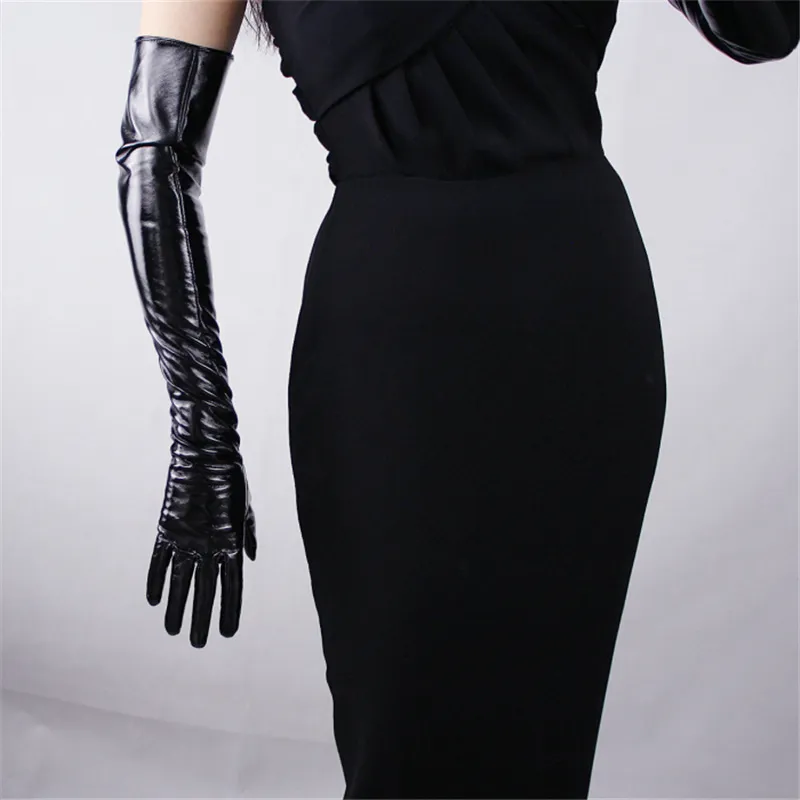 Mănuși de damă la modă, din piele sintetică, extra lungi, cu model PU, oglindă strălucitoare, roz deschis, 60 cm, T09_voghion.com