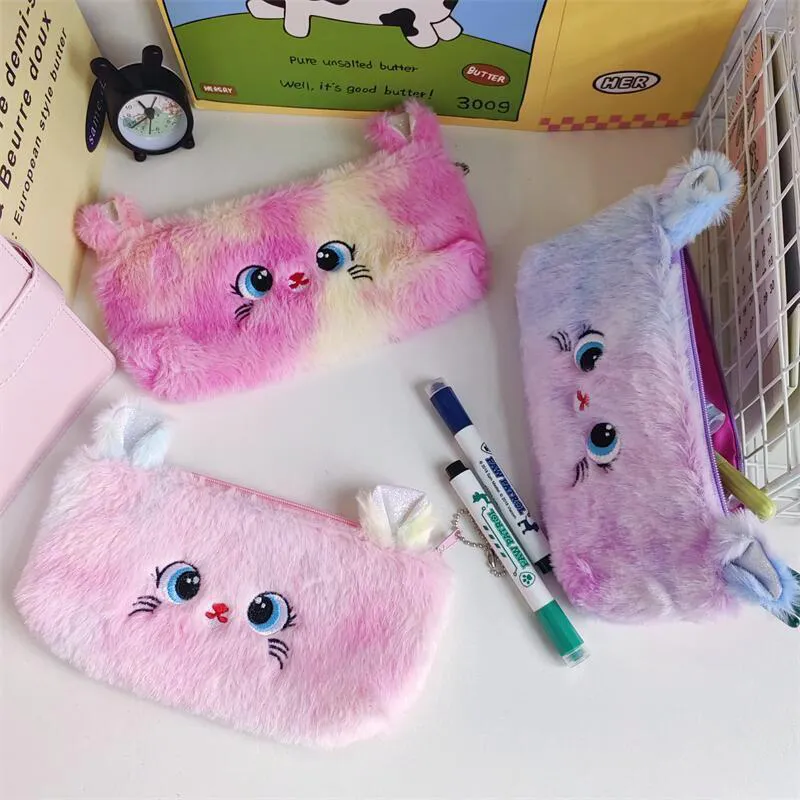 Trousse à crayons grande capacité en peluche avec motif de chat dégradé de couleurs, jolie trousse de rangement pour fournitures de papeterie et pièces de monnaie_voghion.com