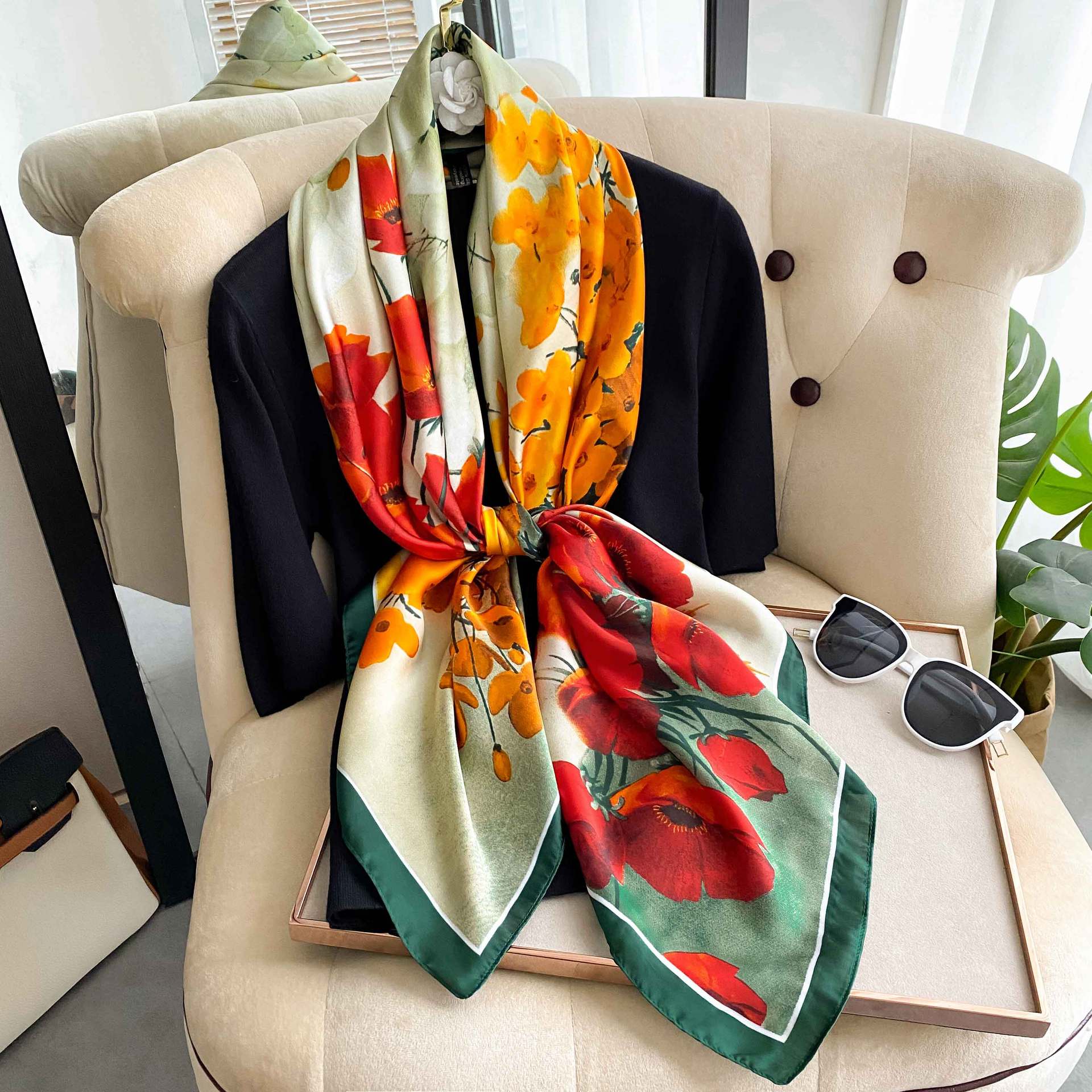 Simulated Silk Scarf Spring and Autumn New Korean Edition Decoration Long Fashion Silk Scarf Air Conditioner Shawl_viptrois.com