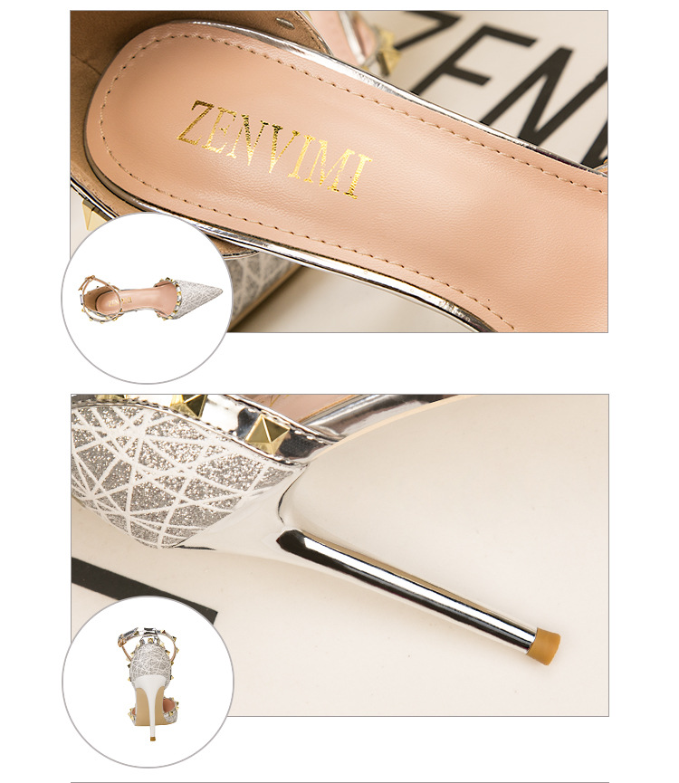 9288-20 Sexy Abnehmen Stiletto Nachtclub Damen Schuhe High Heels Flach Spitzschuh Hohl Niet Strap Sandalen_voghion.com