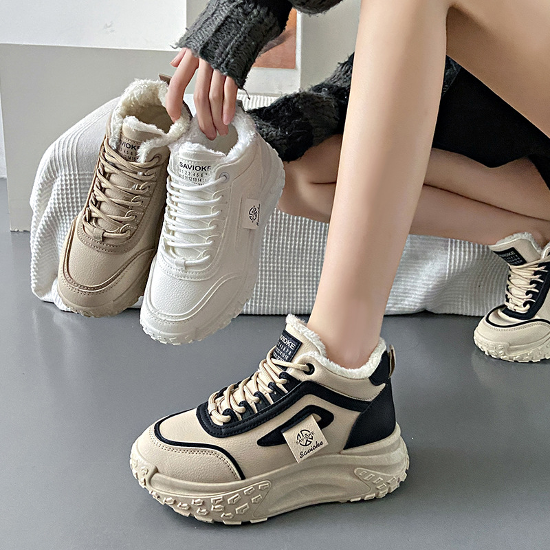 Scarpe alte da donna in velluto caldo, versatili, in cotone, con plateau, casual, da papà._voghion.com