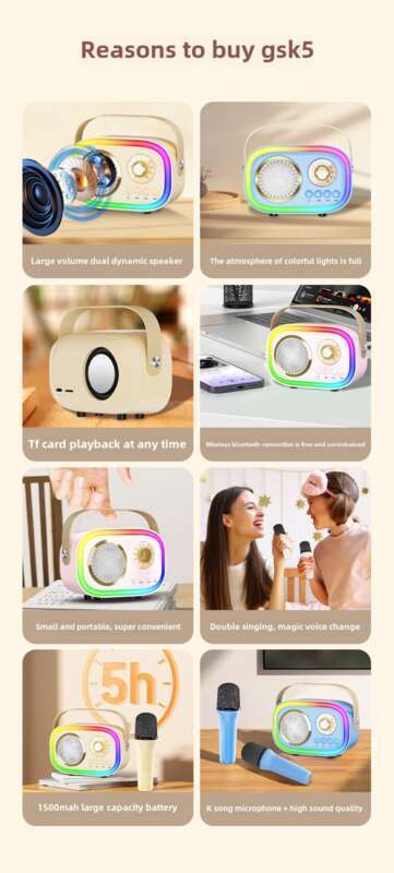 New GS_K5 Wireless Bluetooth Karaoke Player Integrated Sound System, Dual Microphone With Lights, KTV Small Speaker_voghion.com