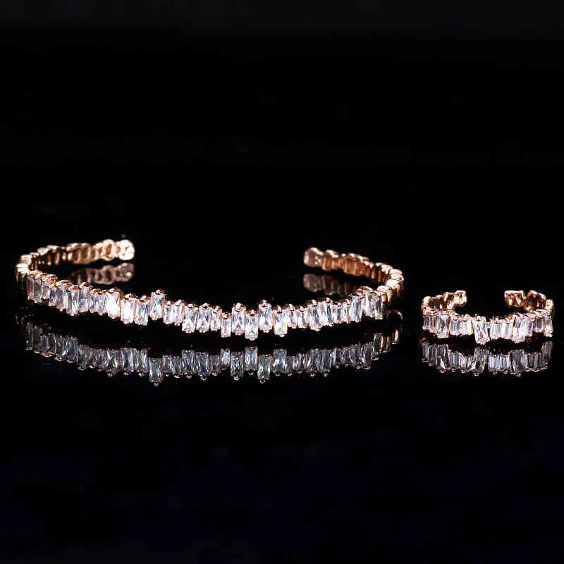 Cwwzircons Moda Ouro Rosa Cor Baguette Cubic Zirconia Cuff Pulseira Pulseira e Conjuntos de Anel Melhor Amigo Jóias Presente_voghion.com