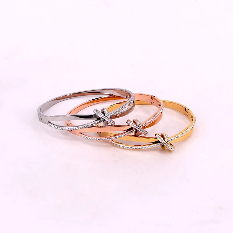 Crystal Bowknot Bangle Bracelet For Women Rose Gold Plated Gift_voghion.com