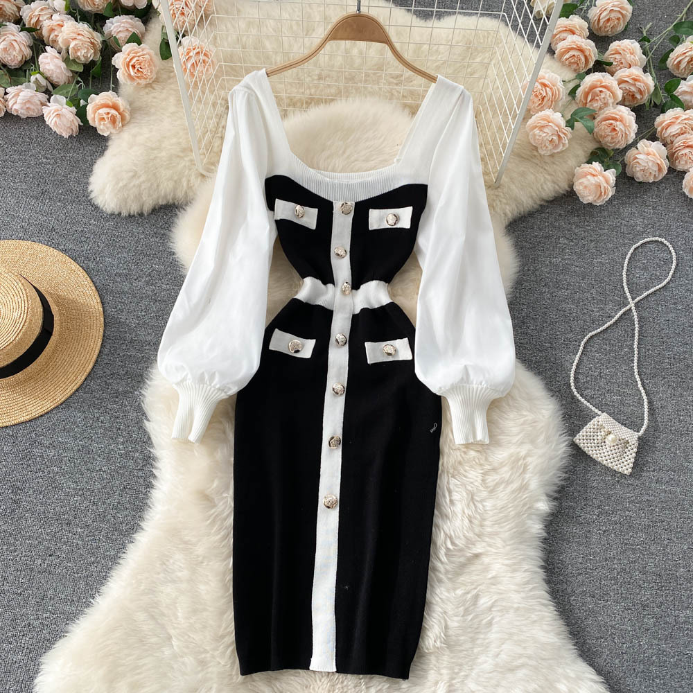 Women's clothing temperament square collar button contrast color knitted dress waist slim lantern sleeve bottom hip skirt