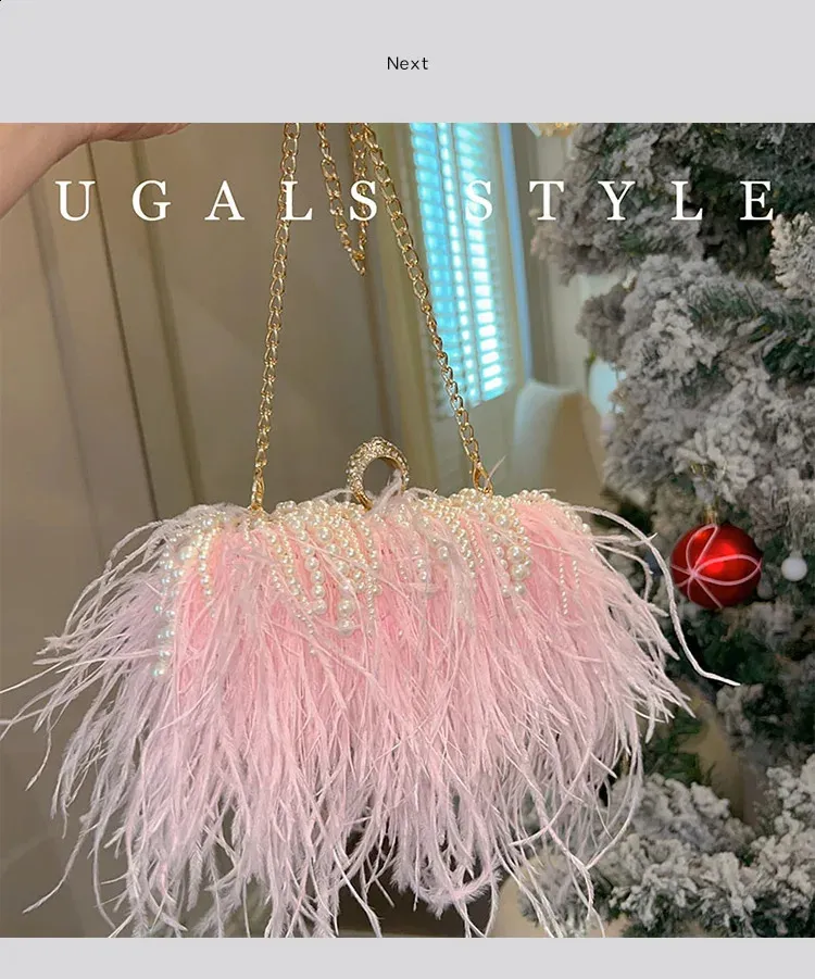 Pochette de soirée en plumes avec perles pour mariage et soirée_voghion.com