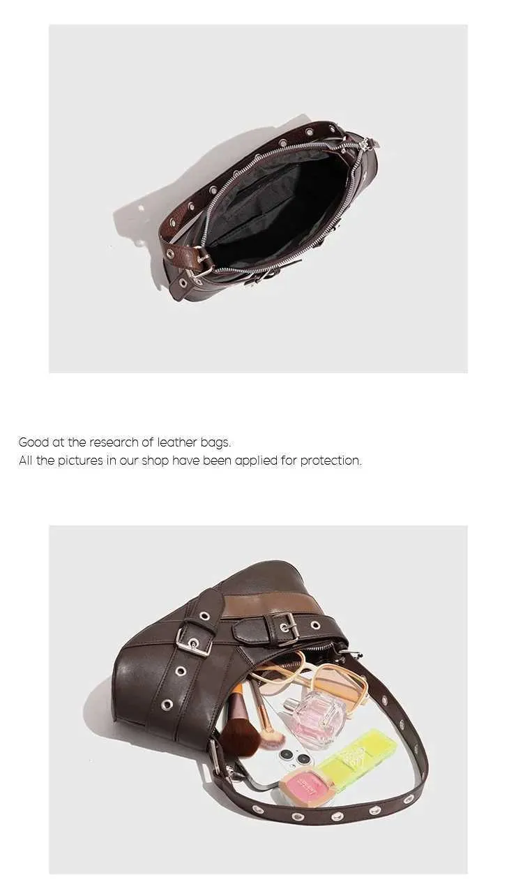 Retro belt decoration shoulder designer armrest punk motorcycle bag Pu leather womens handbag Y241216_voghion.com