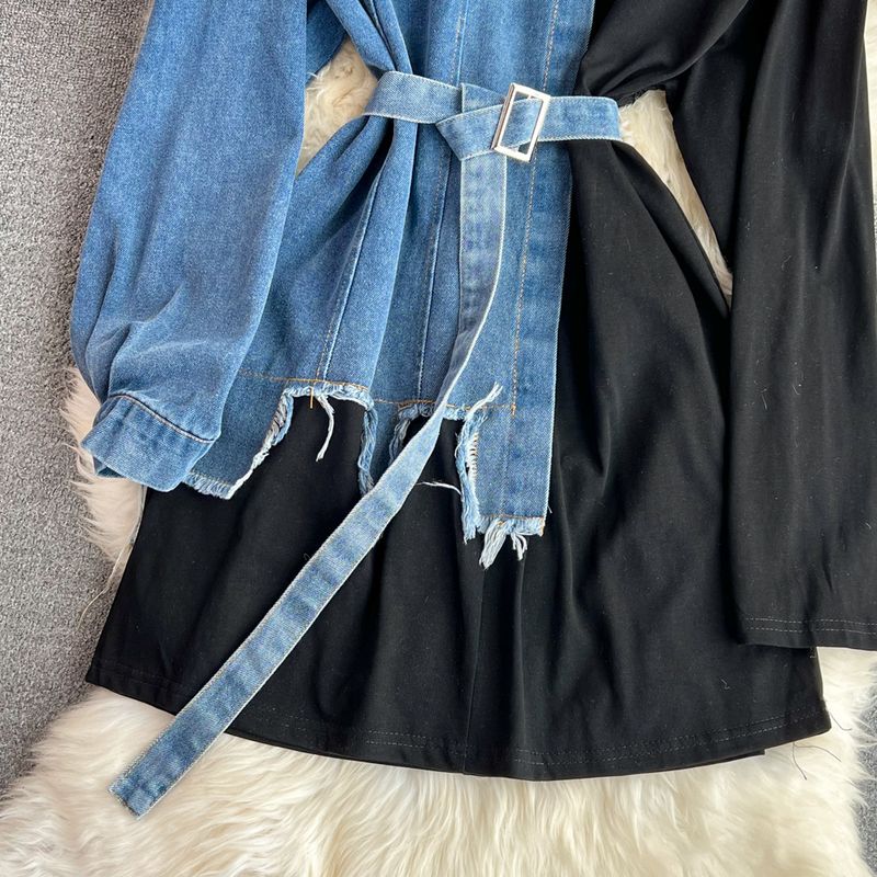 Damenbekleidung Temperament Taille mit Gürtel farblich passendes Denim lässiges mittellanges T-Shirt-Kleid_voghion.com