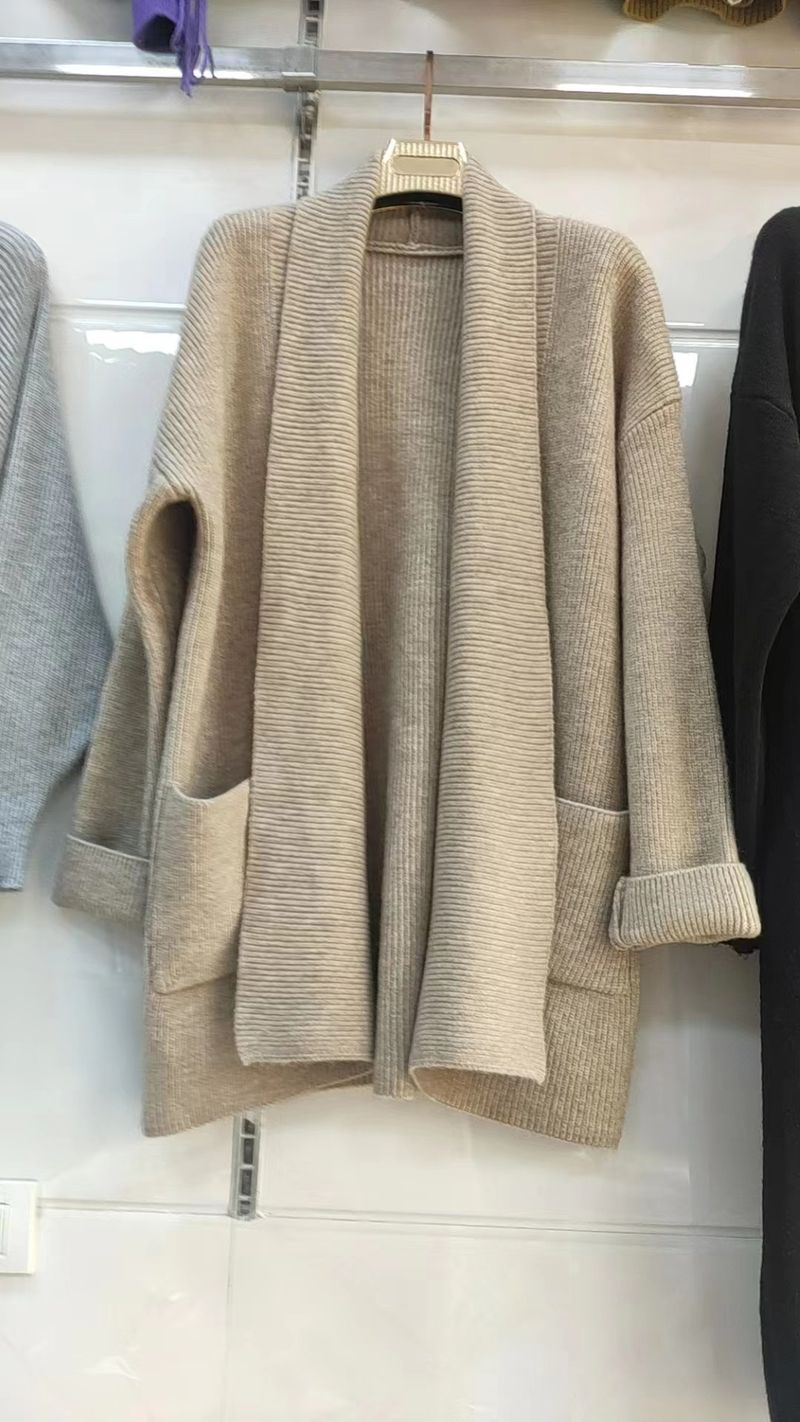 Women's Clothing 2023 mid length lazy style knitted cardigan women's loose design lapel thickened solid color sweater_voghion.com