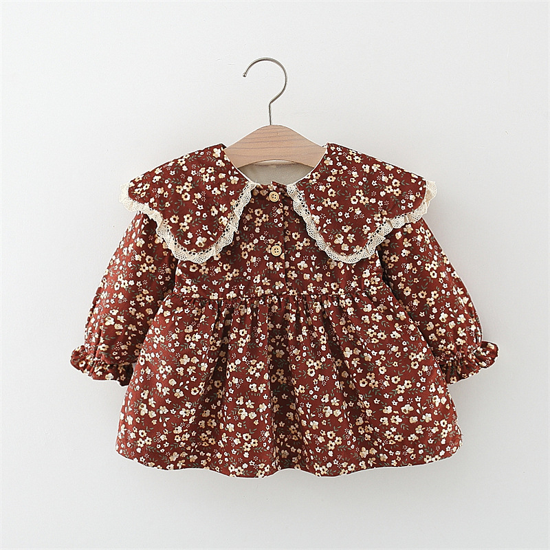 Abito floreale autunnale con maniche lunghe per bambina in pizzo stile coreano_voghion.com