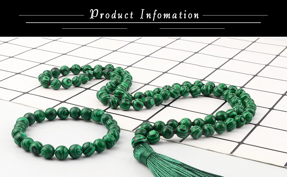 Anhänger Halsketten Mode Malachit Perlen Halskette 8mm Stein Handgefertigte geknotete Quaste Schmuckset Charm Männer Armband_voghion.com