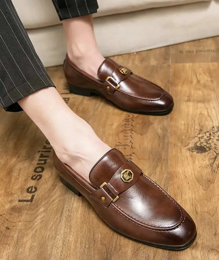 Black Loafers Slip-On Round Toe Fashion Mens Dress Wedding Shoes for Men Size 38-47 240703_voghion.com