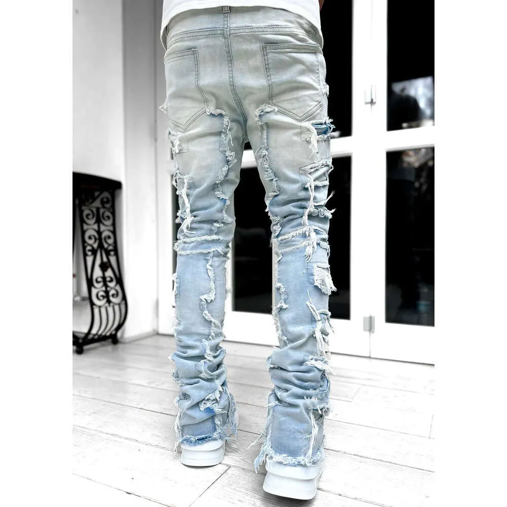 Pantalon droit en denim à patch élastique pour homme, nouvelle mode de rue_voghion.com
