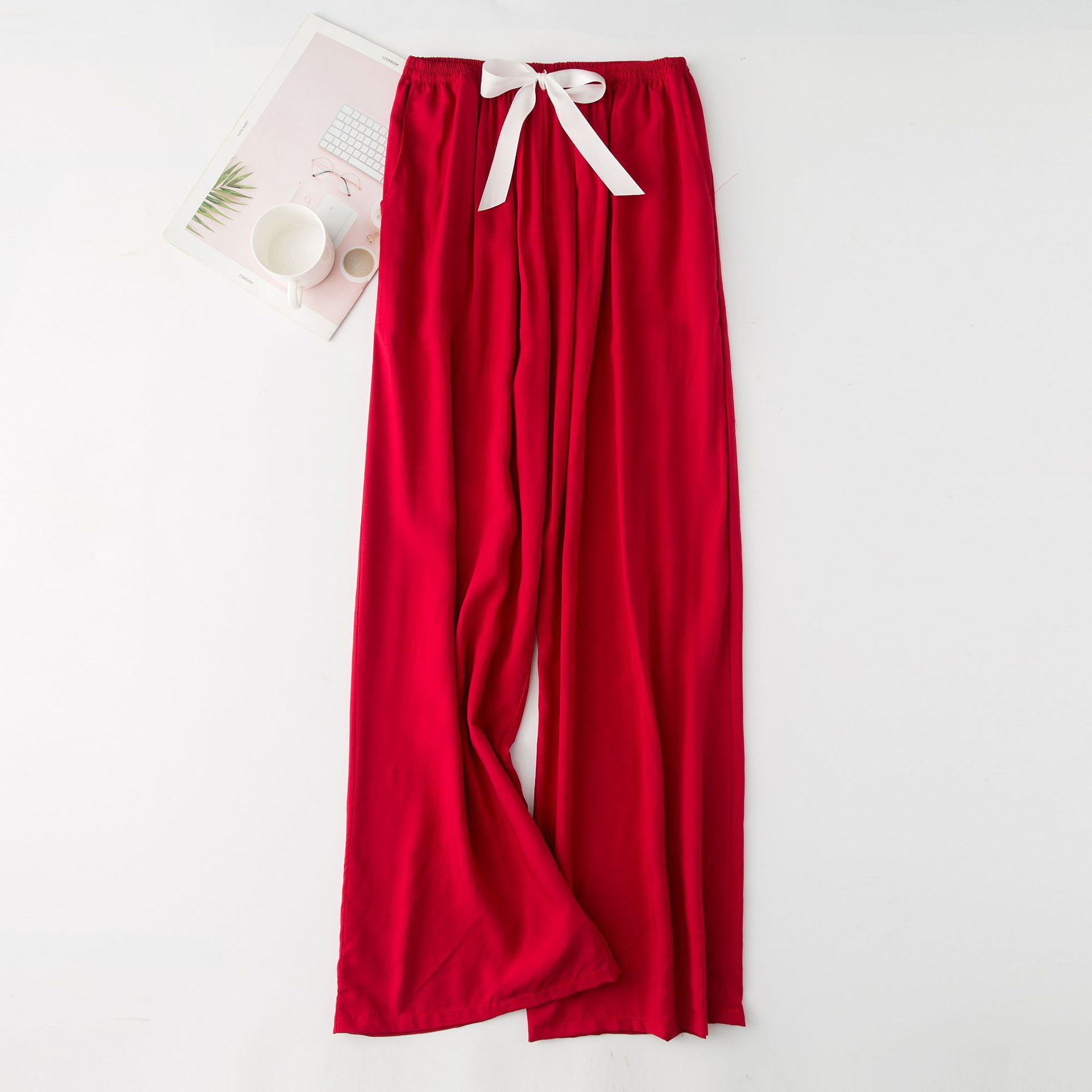 Pijamas de mujer Pantalones de pijama de seda de algodón para mujer Pantalones anchos de cintura alta de color liso con diseño de caramelo Pantalones finos_voghion.com