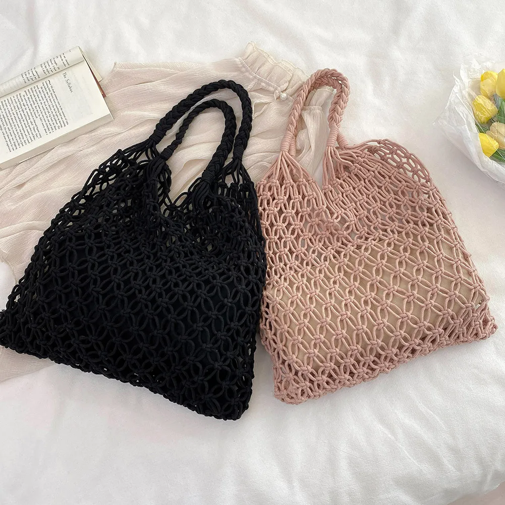 Borsa a tracolla leggera estiva alla moda in rete traforata da donna, in tessuto intrecciato, di alta qualità, grande, per la spiaggia delle donne_voghion.com
