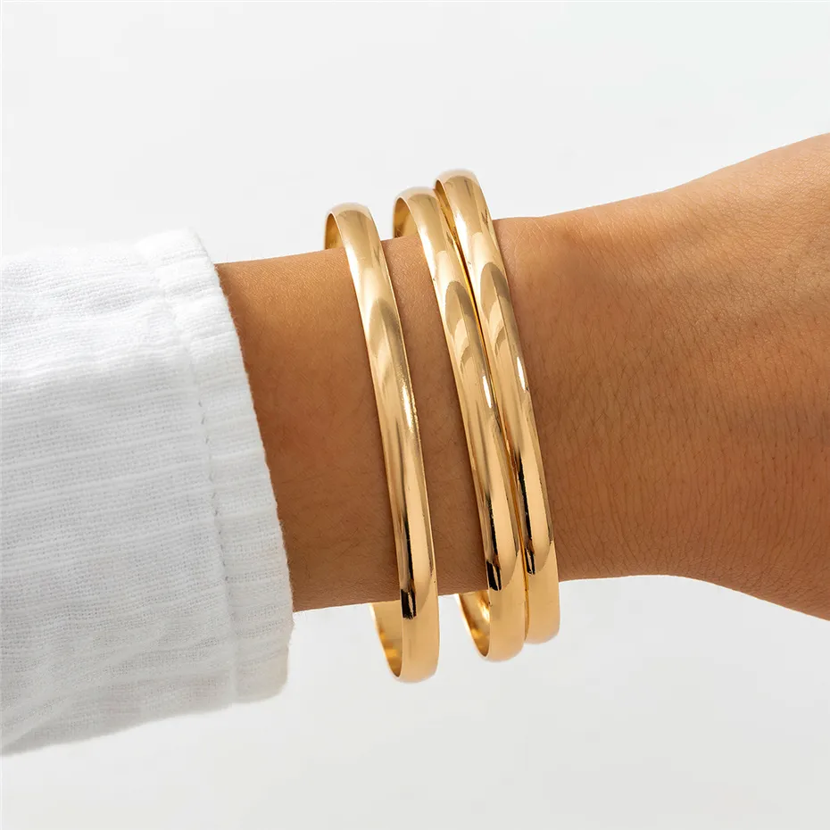 Gold Bangle Set 3 Pcs Punk Round Glossy Bracelets For Women_voghion.com