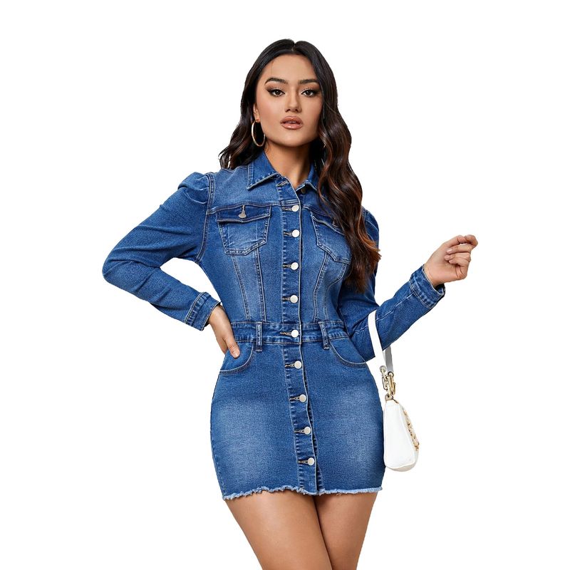 sexy fashionable women's long sleeved Waist and hip slimming jumpsuit denim skirt_voghion.com