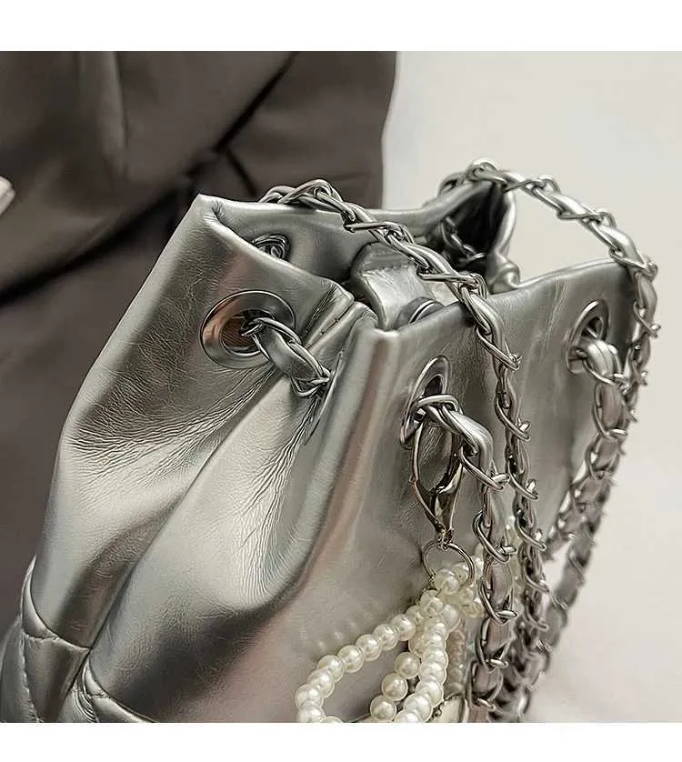 Damen Ledertasche Bucket Bag Schultertasche Mit Kettengliedern_voghion.com
