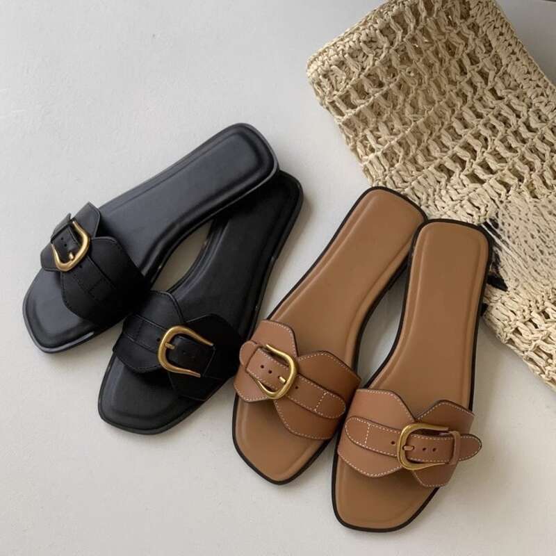 Flache Hausschuhe für Damen im Sommer 2024, neue beliebte Sandalen mit Schnalle für Loafer, lässige Strandschuhe_voghion.com
