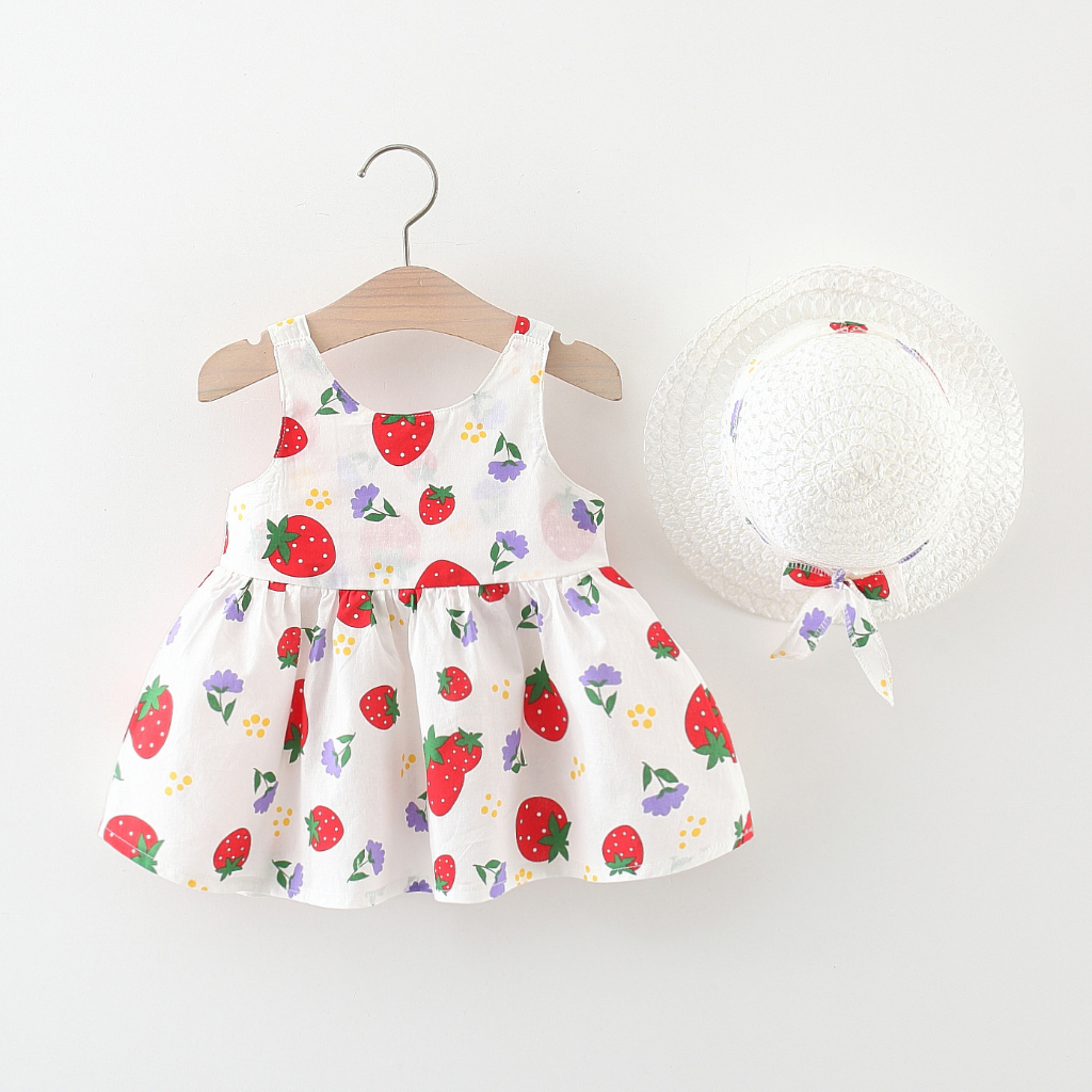 Vestido para niña con estampado de fresas y lazo, ropa de playa para bebé, sombrero incluido_voghion.com