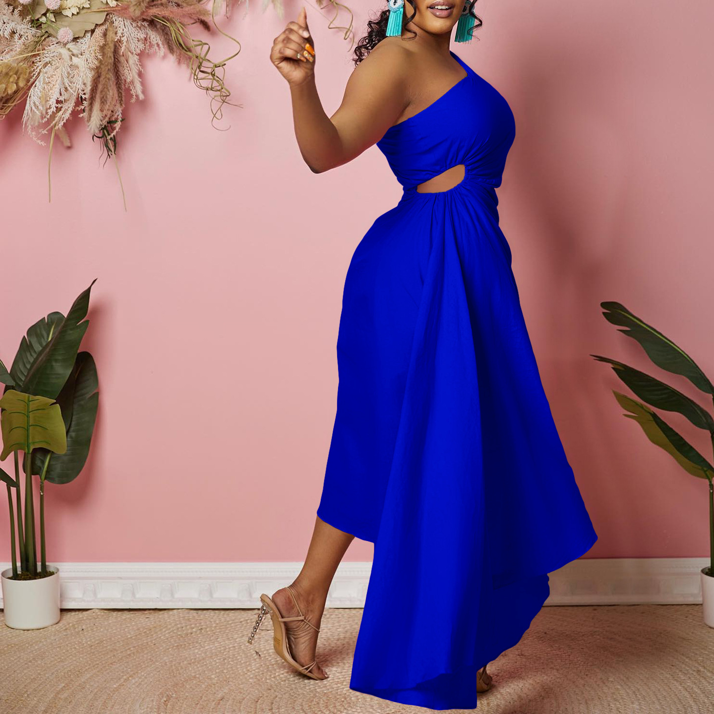 Women's Clothing new one shoulder hollow solid color irregular large size dress_mkmklike.com