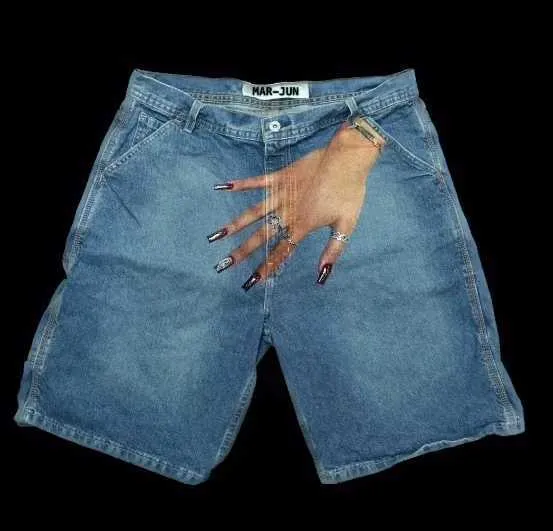 Pantaloni sportivi da uomo in denim con stampa a mano, stile retrò hip-hop, blu, Y2K, gotici, Haruku, pantaloncini da basket, pantaloni lunghi X240914_voghion.com