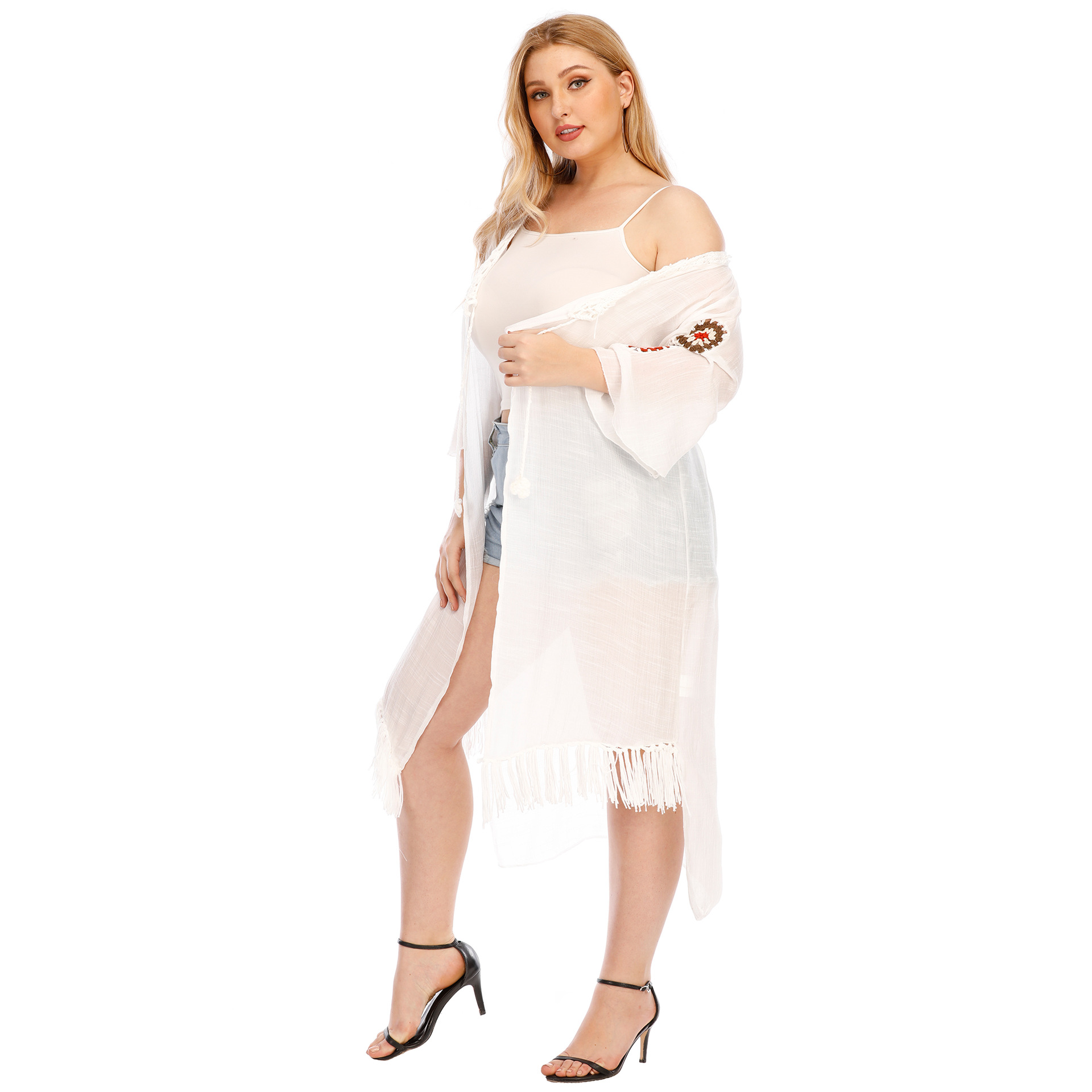 abbigliamento da donna di grandi dimensioni lavorato a mano all'uncinetto con giunture di fiori, nappa irregolare, spallina, protezione solare, cardigan_voghion.com