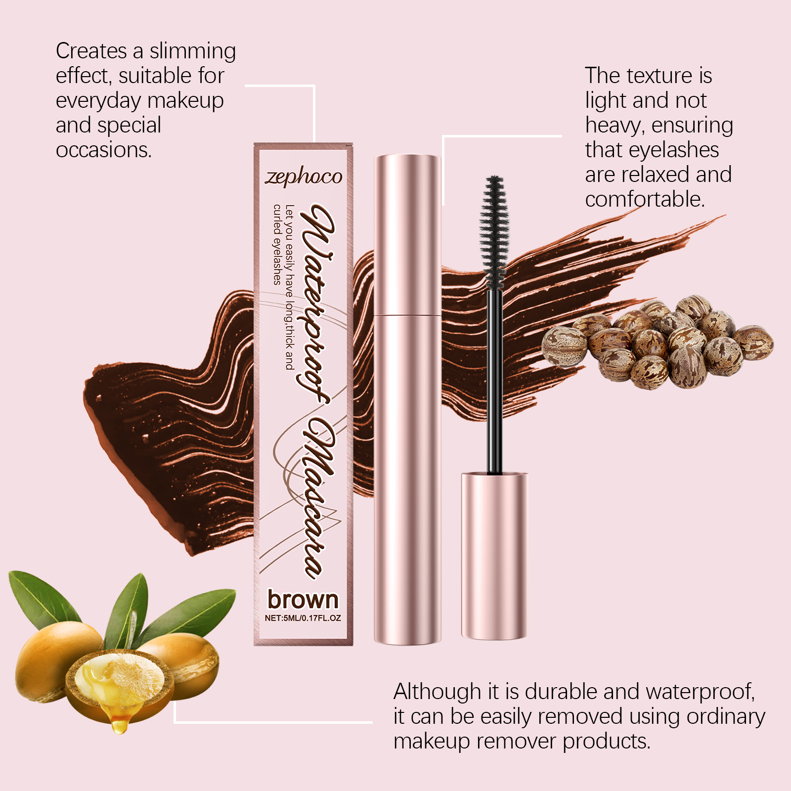 Zephoco Brown Curl Mascara Natuurlijke look Langdurige, veegvaste, dagelijkse, voedende formule_voghion.com