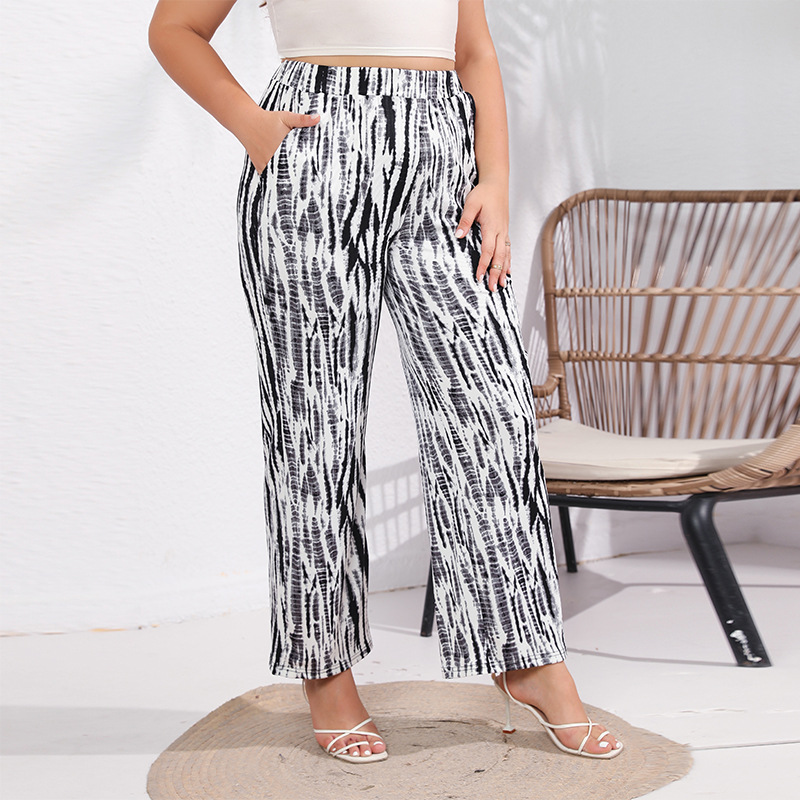 Damengrouss Gréisst locker drapéiert Äisseid Breetbeenhosen Retro-Drock Zebramuster Casual Hosen_voghion.com