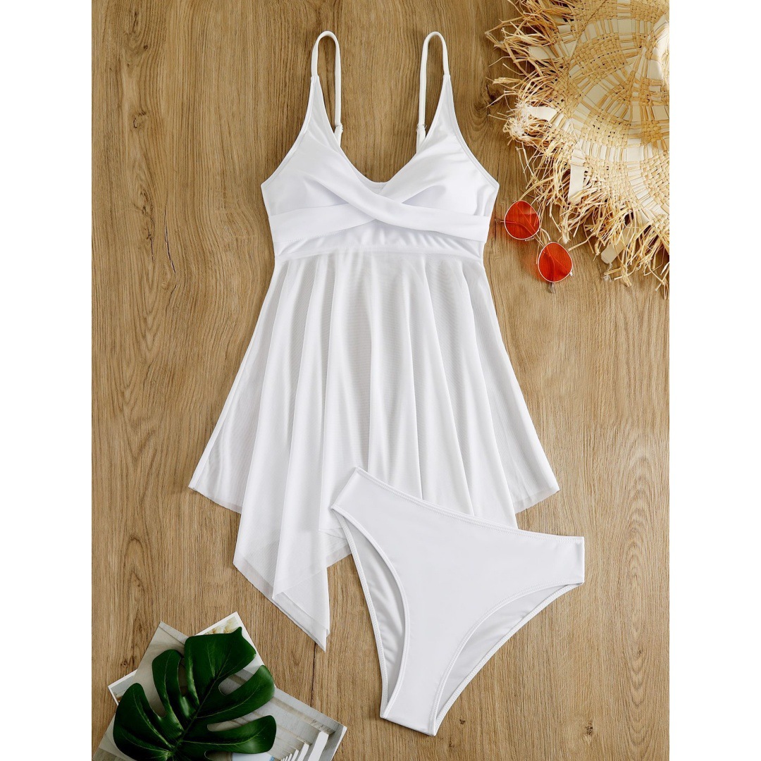 Dames Gauze Split Body High Waisted Mesh Badpak, Cross Top, Dubbele Schouderband_voghion.com