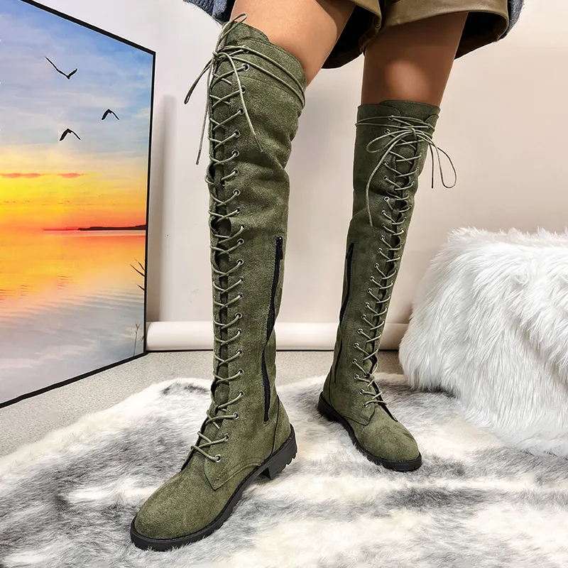 Overknee-Stiefel für Damen, einfarbige Schnürschuhe mit seitlichem Reißverschluss, runde Zehen, klobige Schuhe mit niedrigem Absatz_voghion.com