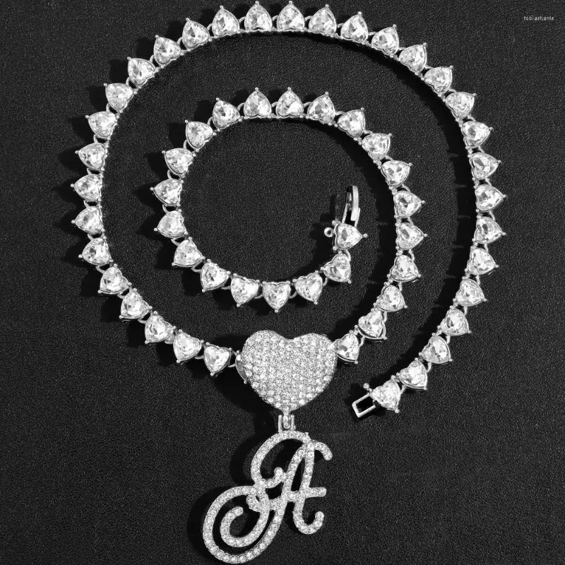 Ķēdes Modes Bling Bruģēts A-Z kursīvs Sākotnējais burts Sirds Tenisa kaklarota Sievietēm CZ Crystal Chain Hip Hop Rotaslietas_voghion.com