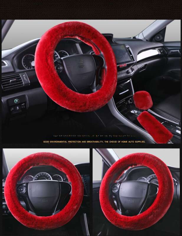 Steering Winter Otter Rabbit Fur Car Steering Wheel Plush Cartoon Handle Cover Three Piece Set Universal_voghion.com