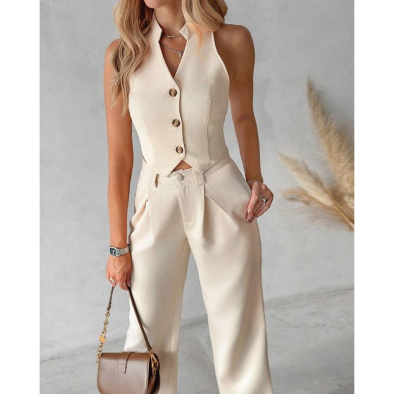 Îmbrăcăminte pentru femei, maiou cu nasturi, pantaloni largi, costum casual_voghion.com