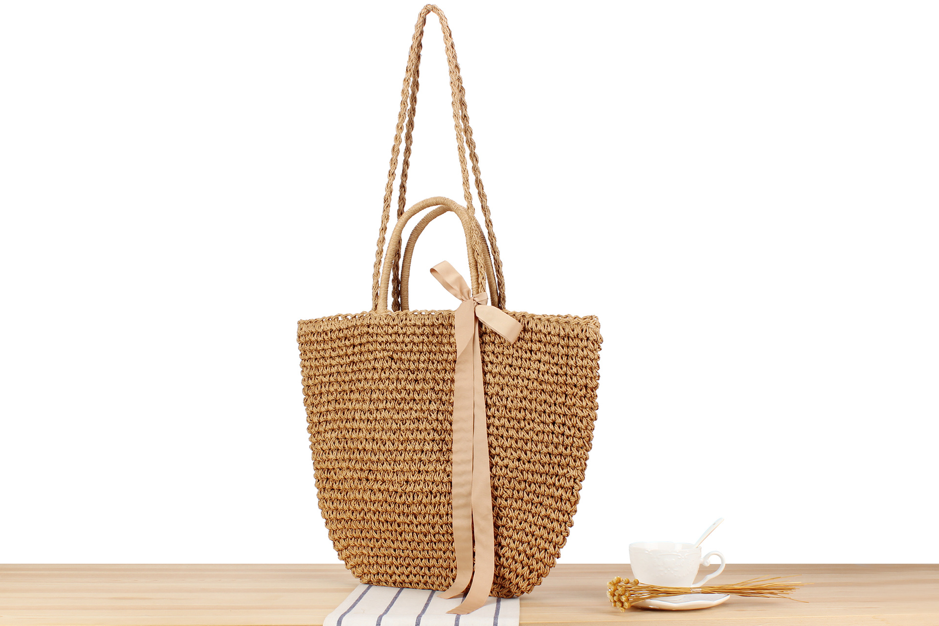 Borsa da spiaggia in stile pastorale con tracolla singola in paglia da donna_voghion.com