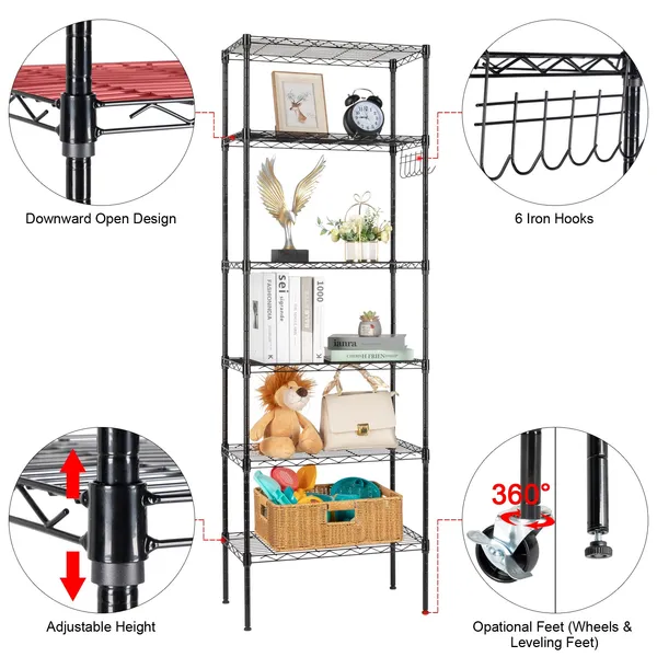 6-Tier Adjustable Layer Shelf With 6 Hooks Heavy Duty Steel Storage Rack Caster Wheels Leveling Feet 55x30x165cm Black_voghion.com