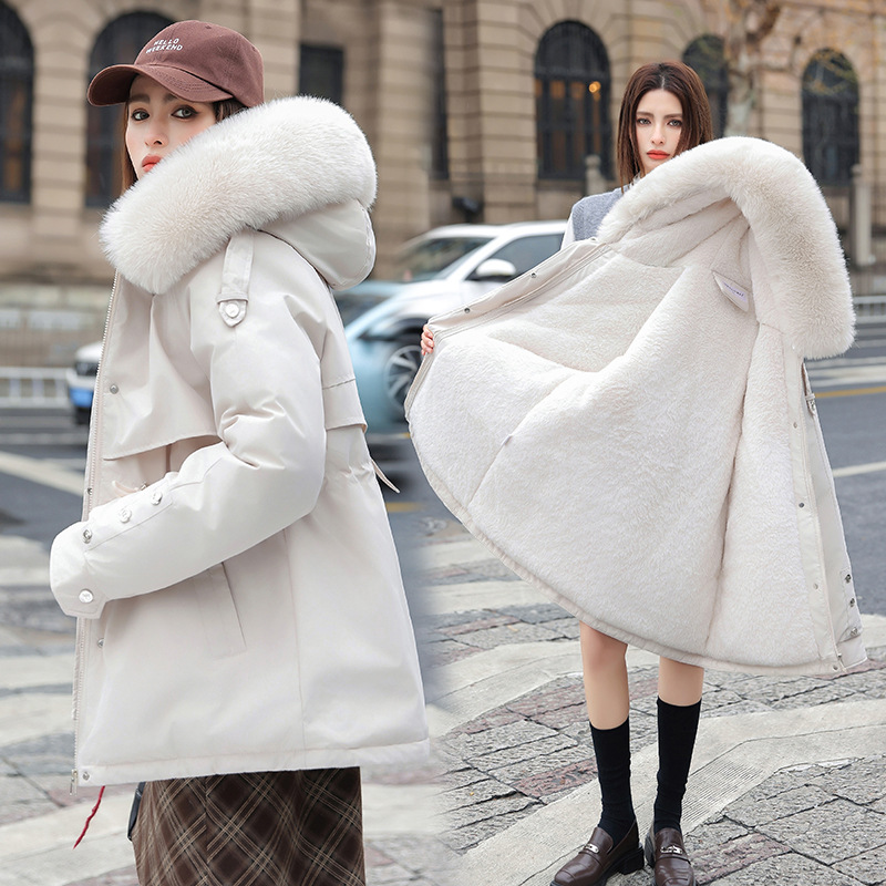 ​Women's Fleece-Lined Parka Coat - Mid-Length Winter Jacket With Detachable Faux Fur Hood, Thickened Polyester Shell (Multiple Colors)​