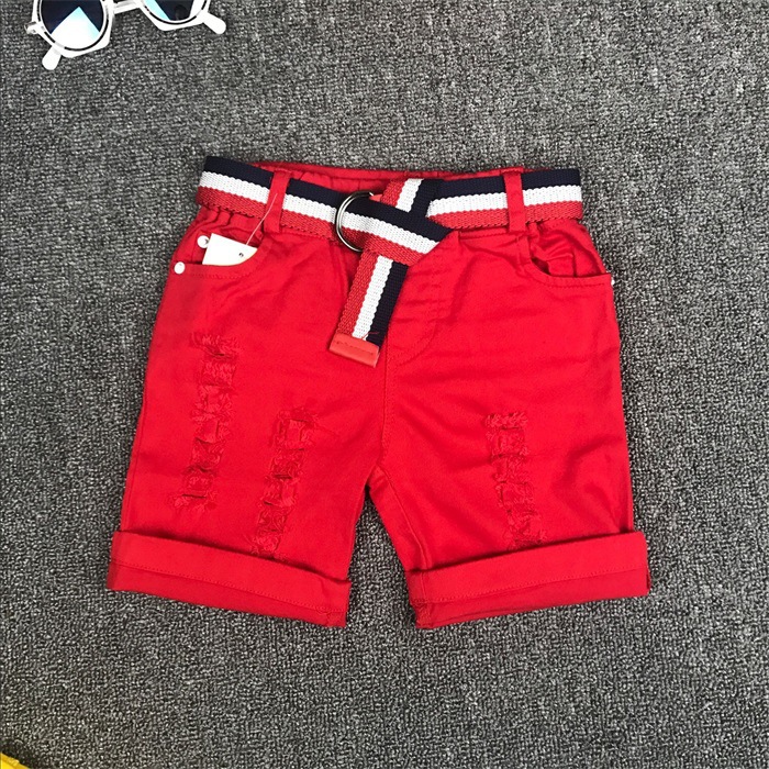 Mother&Kids Children's red, white and yellow shorts with belt 5 minutes shorts with stretch ripped pants_voghion.com