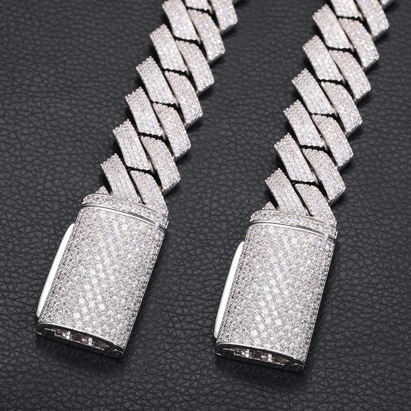 Herren Hip Hop Hochwertige lange Schnalle 20MM breit 4-reihige Moissanit Diamant Cuban Link Kette Trendy Ketten Halskette_voghion.com