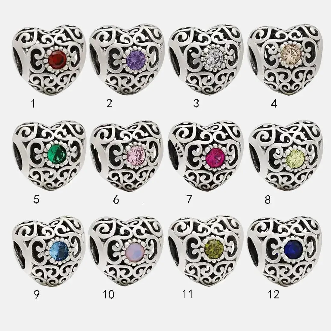 Perle charm en argent sterling avec cœur et pierre de naissance_voghion.com