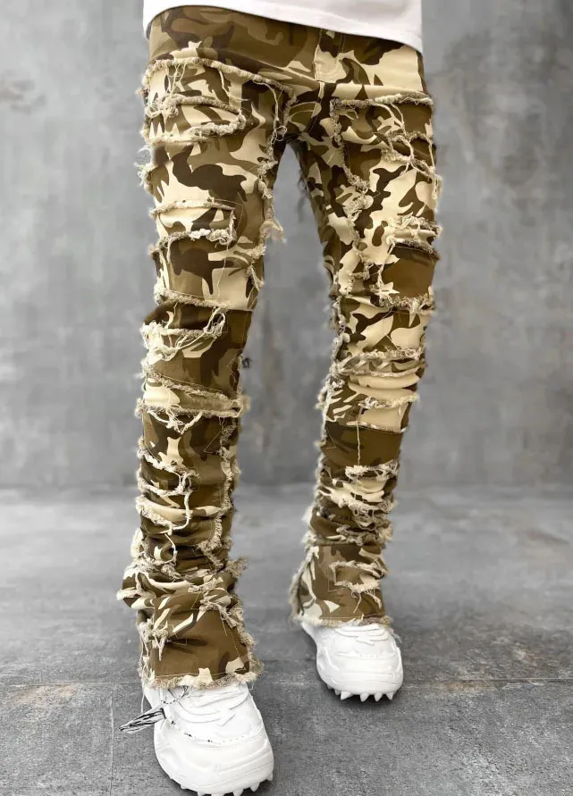 High Street Weiße Herren Stacked Jeans Stretched Patchwork Tassel Damaged Denim Volle Länge Hosen Hippop Hosen Für Männer_voghion.com
