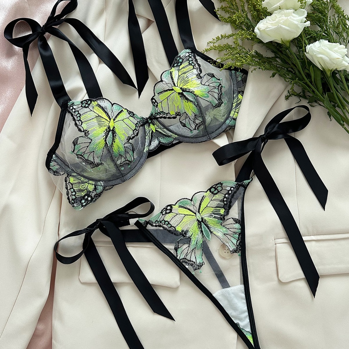Kajiano's Cross Border Foreign Trade Hot Selling New Butterfly Embroidered Suspender Transparent Mesh Temptation Girl's Emotional Fun Suit_voghion.com