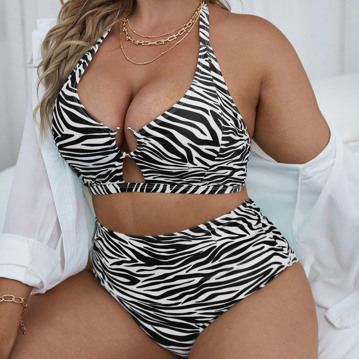 Women's large size striped print multi-color high waist backless lace-up hollow sexy split bikini women_voghion.com