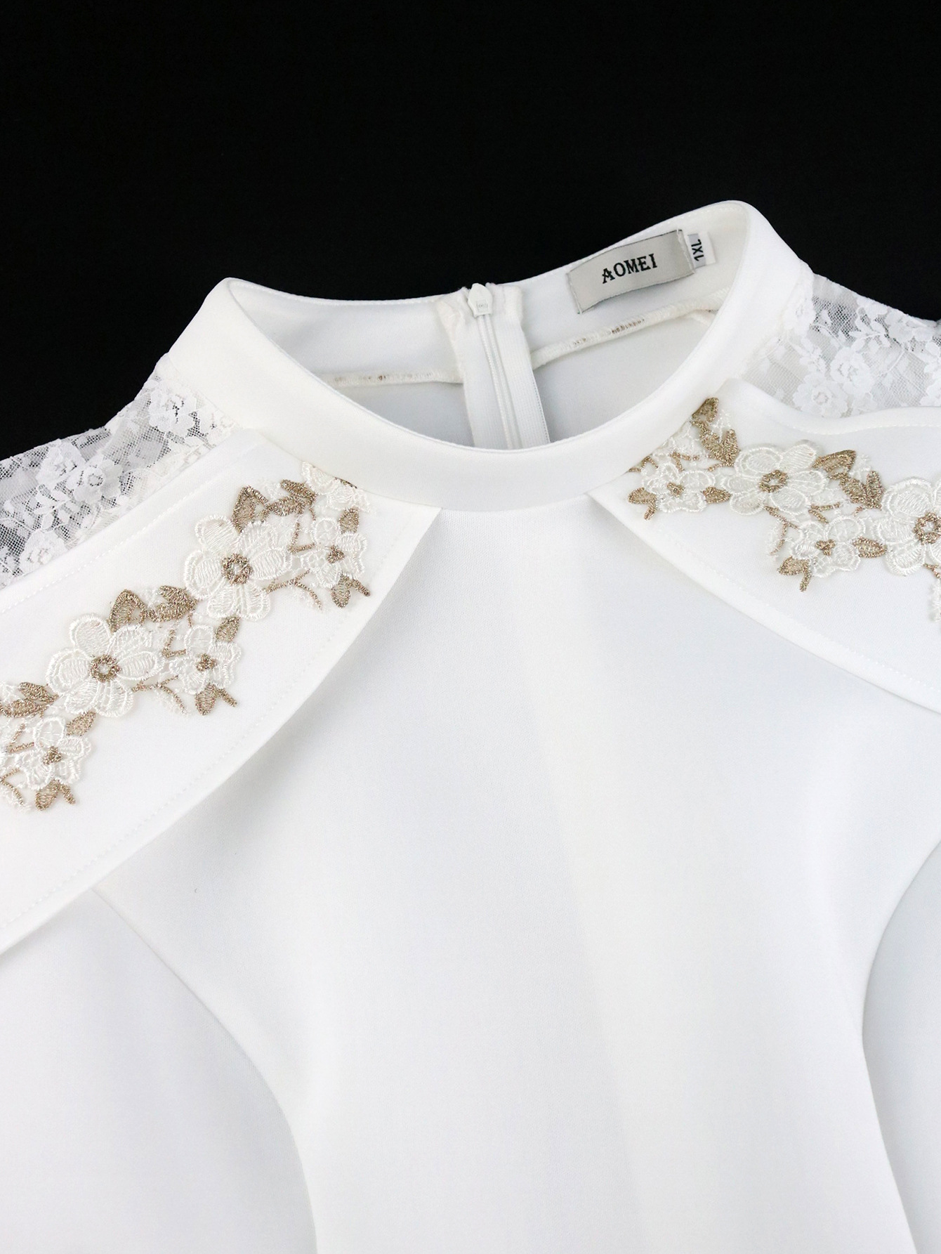 Women's flower lace dress, elegant temperament, small stand-up collar, waist-length skirt, dress_voghion.com