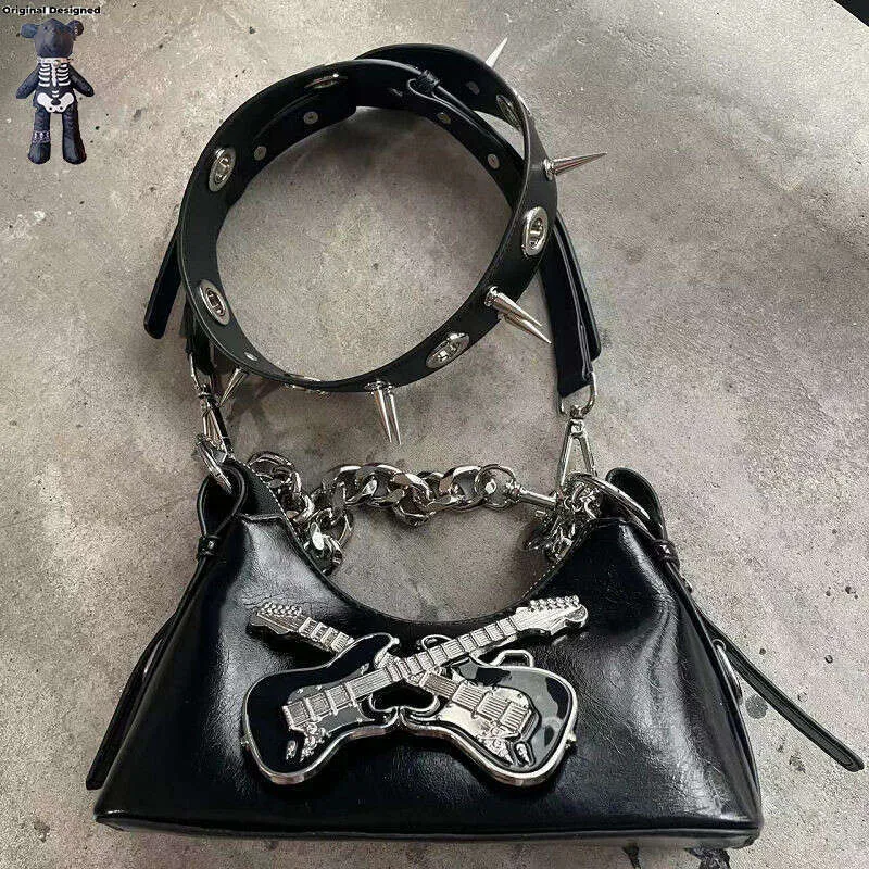 Dee selwechte Stil wéi Blogger Punk Nieten Gothic Rock Guita Metall Schnallen Handtasche Frae Schëller Pikant Meedercher Crossbody Tasche_voghion.com