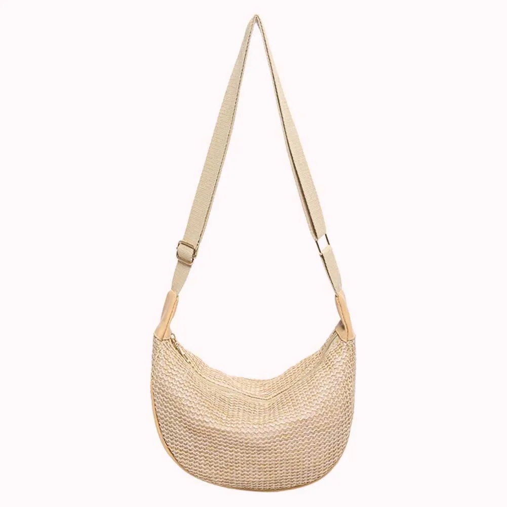 Borsa a tracolla a mezzaluna con tracolla regolabile, in paglia intrecciata, grande capacità, casual, per feste e vacanze, da donna_voghion.com